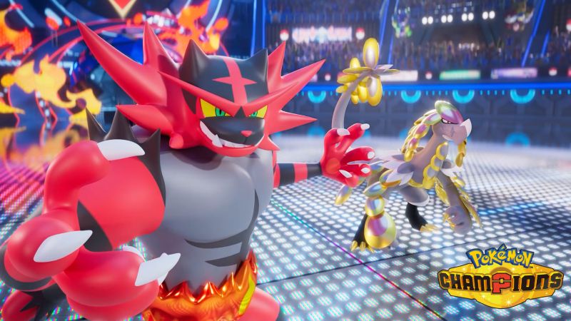 Pokémon Champions combates competitivos en Nintendo Switch Combate entre Pokémon en un estadio con efectos visuales dinámicos dentro de Pokémon Champions