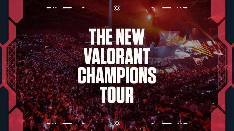 VCT 2027 — Presentación del nuevo ecosistema Arena de esports repleta de público, con iluminación roja y blanca, pantallas gigantes y branding de VALORANT Esports.