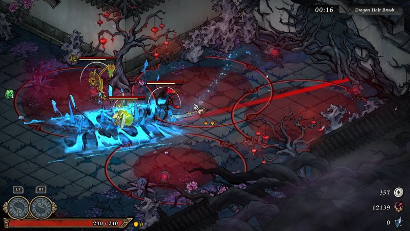 Realm of Ink — Lanzamiento multiplataforma Escena de combate en un entorno estilizado con estética de tinta, donde una espadachina enfrenta a múltiples enemigos entre efectos visuales azules y rojos.