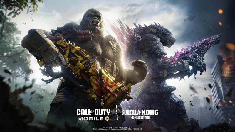 Call of Duty: Mobile – Godzilla x Kong en Eternal Prison Ilustración promocional con dos titanes armados en un entorno caótico, con estética de combate y tonos intensos.