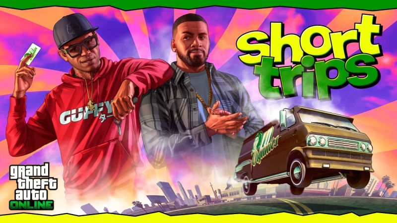 GTA Online – Evento 20/4 con LD Organics Ilustración colorida con dos personajes posando junto a una camioneta temática, con estética urbana y elementos gráficos vibrantes.