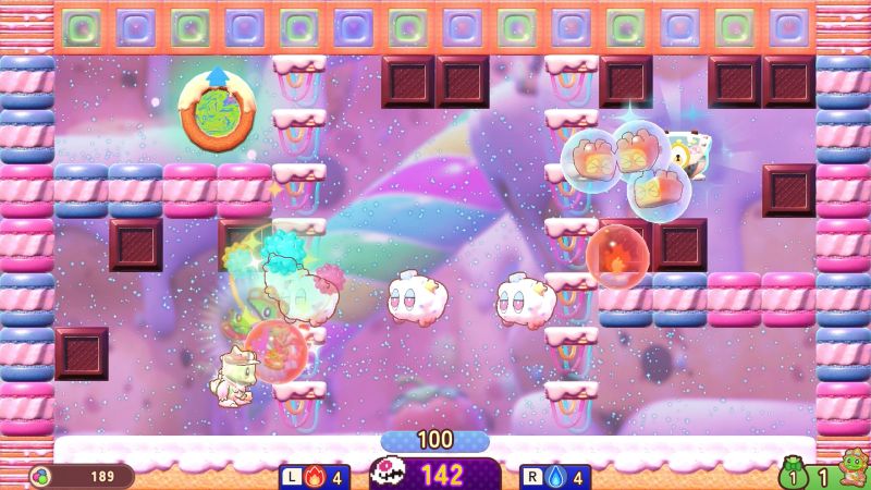 Escenario colorido de Bubble Bobble Sugar Dungeons Boosted con Bub enfrentando enemigos en una mazmorra de estilo dulce con plataformas y burbujas