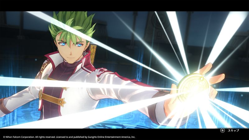 Trails in the Sky 2nd Chapter – Remake 2026 Personaje de cabello verde sosteniendo un artefacto luminoso en un entorno mágico con efectos de luz intensos y estética de fantasía.