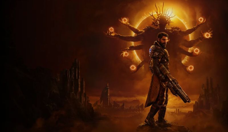 Saros – Arte oficial de Housemarque para PlayStation 5 Arte clave oficial de "Saros" con Arjun Devraj de pie frente a una entidad cósmica de múltiples brazos que se alza sobre un eclipse ardiente en el planeta Carcosa.