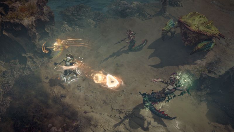 Combate costero – Diablo IV Guerrero enfrentando criaturas marinas en una batalla dinámica.