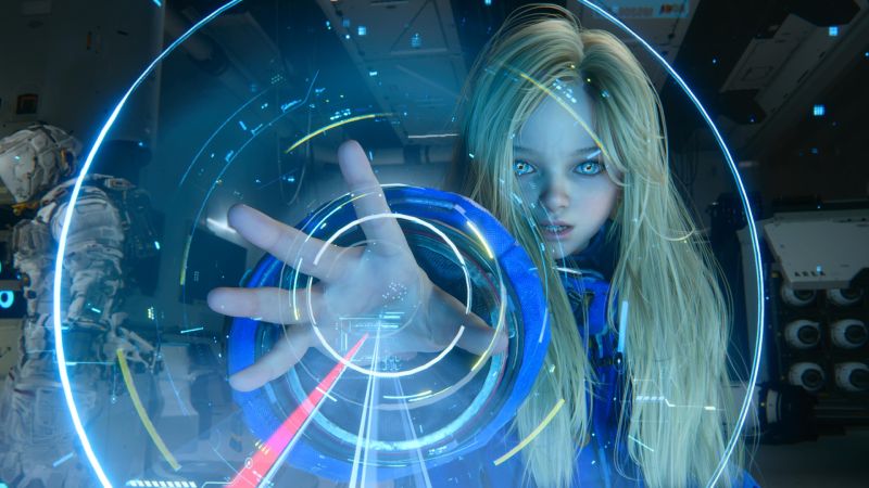Interfaz holográfica – Pragmata Niña androide interactuando con una interfaz holográfica circular.