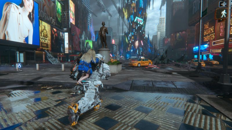 Caos urbano – Pragmata Escena futurista en una ciudad tipo Times Square con un personaje cargando a otro.