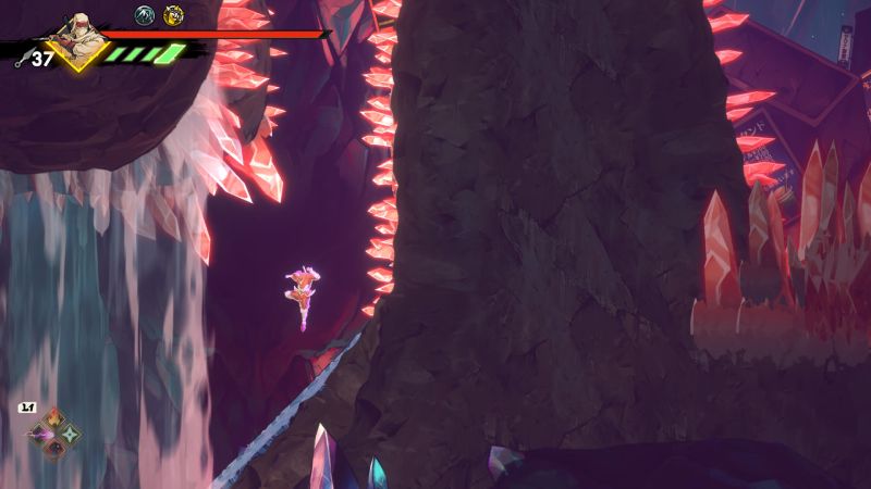Personaje saltando entre cristales rojos y rosados en una cueva fantástica.