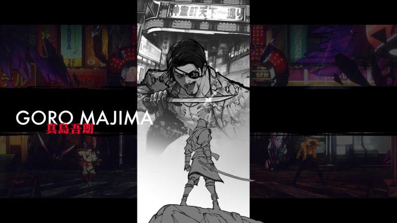 Ilustración estilizada de Goro Majima con estética urbana y tonos neón.