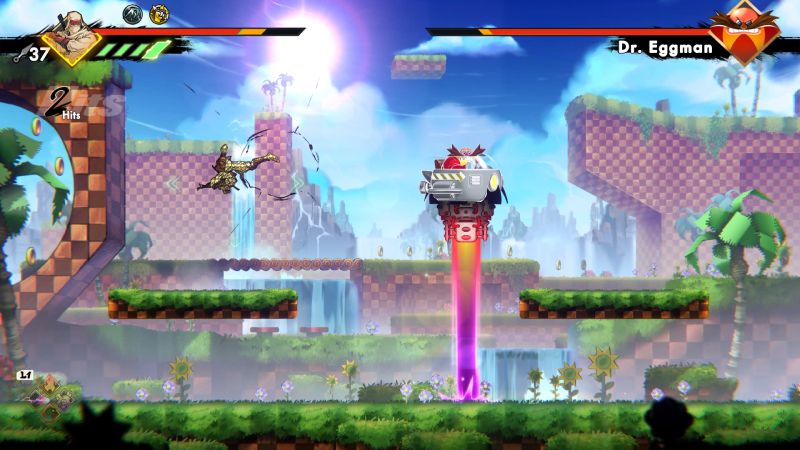 Escena de combate contra Dr. Eggman en un entorno inspirado en plataformas clásicas.