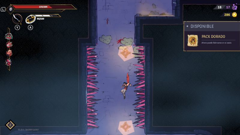 Personaje avanzando por un corredor estrecho con picos y símbolos luminosos.