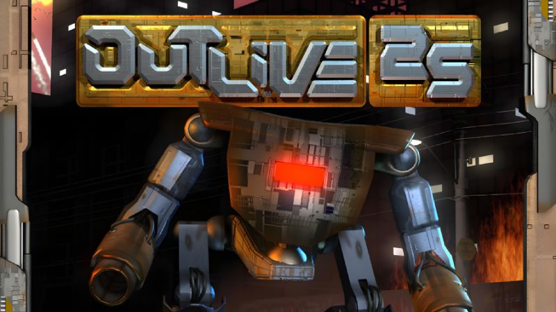 Ilustración oficial del videojuego RTS OUTLIVE 25 Arte promocional del videojuego de estrategia OUTLIVE 25. En primer plano se observa un robot de combate mecha con acabado metálico desgastado y un sensor rojo brillante en el torso, situado frente a un escenario urbano nocturno con fuego y el logotipo metálico del título en la parte superior.