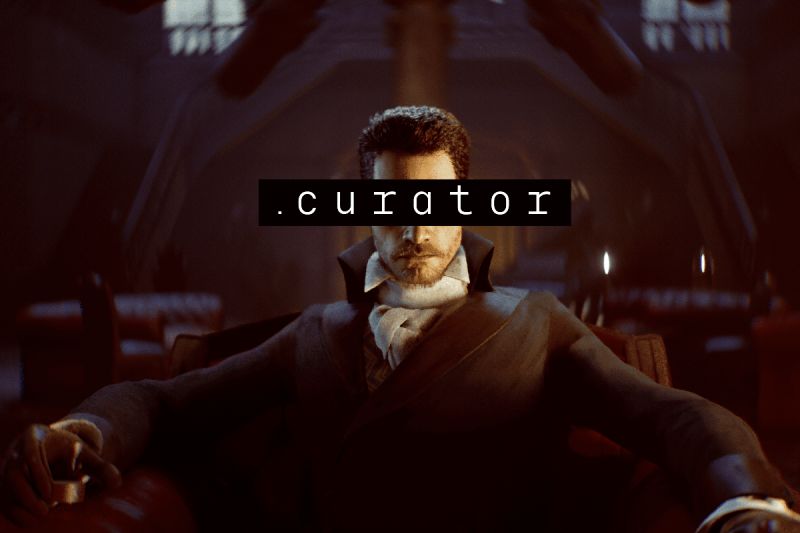 Arte promocional oficial del videojuego .curator Imagen promocional del videojuego .curator. Muestra a un hombre de aspecto victoriano con abrigo oscuro, cuello blanco y bigote sentado en un sillón de piel roja en un recinto elegante. Un rectángulo negro con la tipografía en blanco ".curator" cubre parcialmente el área de sus ojos.