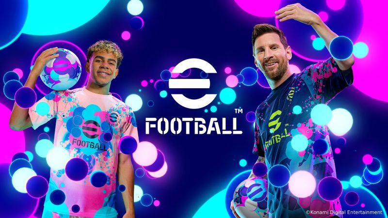 Lionel Messi y Lamine Yamal en la imagen oficial de la nueva temporada de eFootball™ Arte promocional de eFootball con los embajadores Lamine Yamal (izquierda) sosteniendo un balón colorido y Lionel Messi (derecha) sonriendo con un balón bajo el brazo, rodeados por un fondo azul oscuro con esferas brillantes en tonos neón rosa y cian junto al logotipo oficial.
