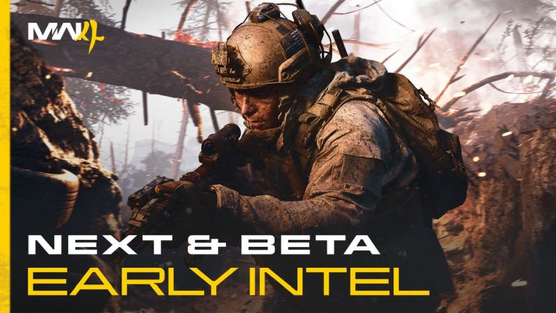 Arte oficial de la Beta y evento NEXT de Call of Duty: Modern Warfare 4 Imagen promocional oficial de Call of Duty: Modern Warfare 4. A la izquierda resalta el logotipo oficial de MW4 con detalles en amarillo. En el centro se observa a un soldado de operaciones especiales equipado con casco, visor nocturno y camuflaje táctico sosteniendo un rifle de asalto en un entorno boscoso en llamas. En la parte inferior destaca una franja amarilla con letras negras en mayúsculas que dice "NEXT & BETA EARLY INTEL".