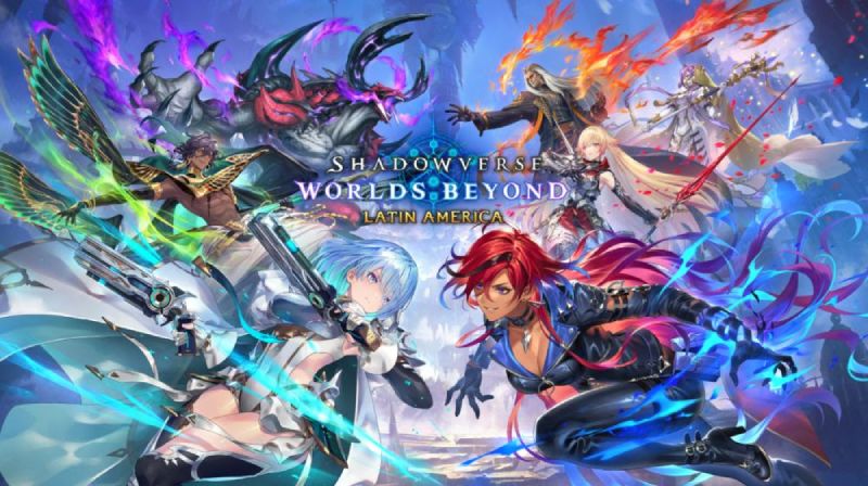 Anuncio de Shadowverse: Worlds Beyond para América Latina Arte promocional oficial de Shadowverse: Worlds Beyond - Latin America. Al centro destaca el logotipo del videojuego iluminado en tonos morados y azules con el subtítulo "LATIN AMERICA". Alrededor se muestran varios personajes de estética anime con atuendos fantásticos, magia brillante, fuego y pistolas futuristas, posando sobre un fondo de castillo en ruinas bajo un cielo místico.