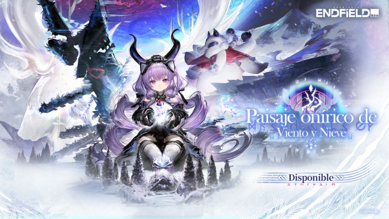 Actualización Paisaje onírico de Viento y Nieve en Arknights: Endfield Ilustración promocional para la actualización "Paisaje onírico de Viento y Nieve" del videojuego Arknights: Endfield. En el centro aparece la operadora Typhoeus sentada en postura meditativa sobre un paisaje helado, luciendo cabello morado en trenzas, cuernos oscuros, un atuendo detallado y sosteniendo una luz mágica entre sus manos. A su alrededor se observan siluetas de siervos mágicos, un bosque cubierto de nieve, estructuras heladas y criaturas espirituales. En la esquina superior derecha destaca el logotipo oficial de Arknights: Endfield, mientras que al costado derecho se lee en tipografía elegante el título de la actualización "Paisaje onírico de Viento y Nieve" con la leyenda "Disponible" en la parte inferior.