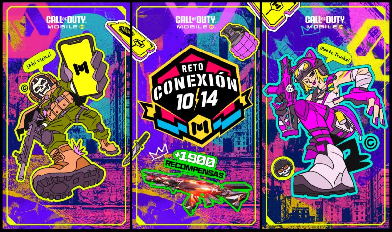 Reto Conexión 10/14 en Call of Duty: Mobile LATAM Ilustración gráfica oficial del evento Reto Conexión 10/14 para Call of Duty: Mobile dividida en tres paneles de estilo cómic y arte urbano. En el panel izquierdo aparece el personaje Ghost con casco y visión táctica sosteniendo un teléfono móvil con el logotipo del juego. El panel central ostenta el escudo oficial con la leyenda "Reto Conexión 10/14", acompañado de la indicación "+1900 Recompensas" junto a una skin de arma Mítica brillante sobre un fondo morado con grafiti. El panel derecho muestra al personaje femenino Urban Tracker luciendo orejas de gato, indumentaria rosa, una subametralladora y la frase en español "¡Ponte Trucha!".