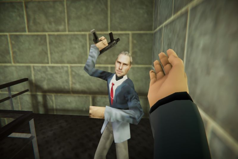 Combate cuerpo a cuerpo en Agent 64 Primer plano de un puñetazo en primera persona noqueando a un guardia enemigo en un pasillo de oficinas.