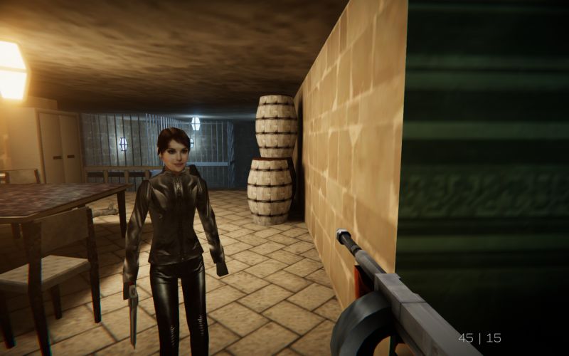 Misión de espionaje con John Walter en Agent 64 Escena de gameplay donde el protagonista John Walter apunta un rifle de asalto hacia dos guardias enemigos en una sala de control con ordenadores de estilo retro.