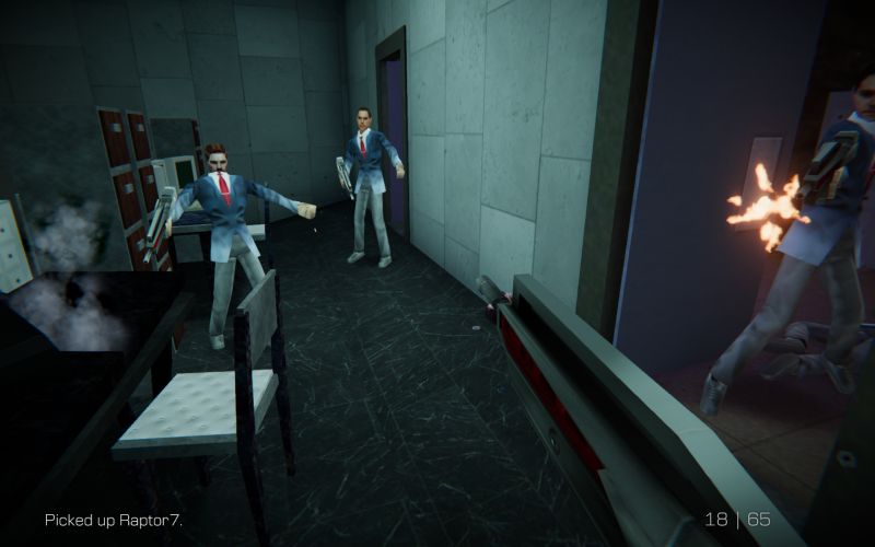 Enemigos e IA en Agent 64 Un grupo de tres soldados enemigos con uniformes retro alineados en un pasillo disparando hacia el jugador simultáneamente.