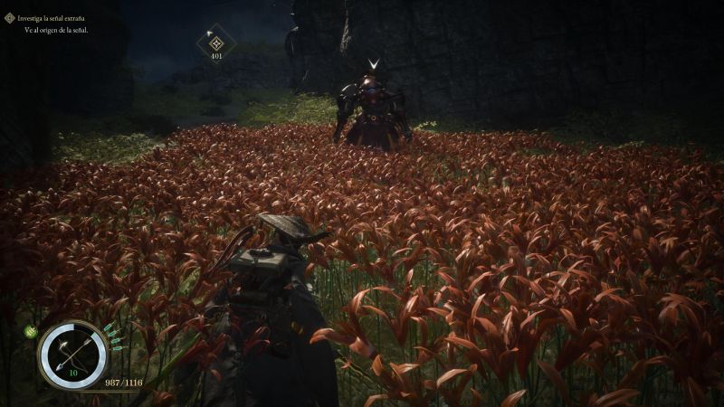Captura de juego con Emma agachada aplicando sigilo en medio de un denso campo de flores rojas mientras acecha a un enemigo al fondo.