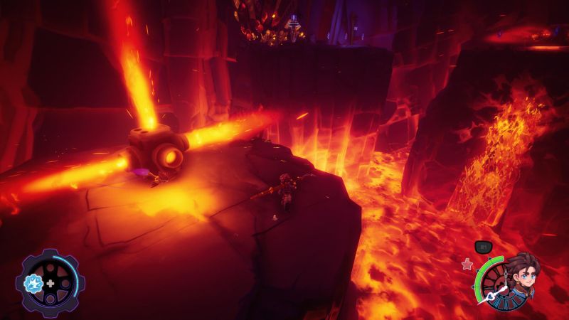 Zirian explorando una zona subterránea repleta de lava ardiente y un cañón que dispara un haz de energía naranja hacia una puerta sellada.
