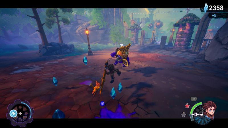 Escena de combate dinámico donde Zirian golpea a un enemigo mecánico pesado rodeado de cristales azules y engranes volando por el aire.