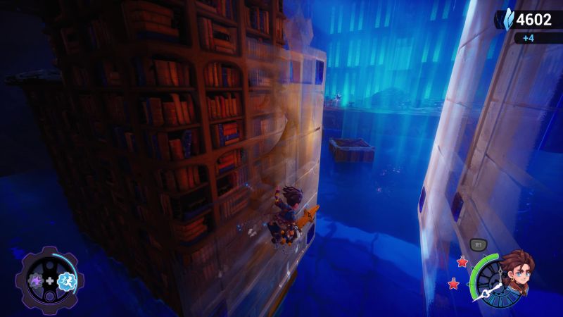 Zirian ejecutando un salto entre paredes en una inmensa biblioteca sumergida con efectos de agua transparente e iluminación azul.