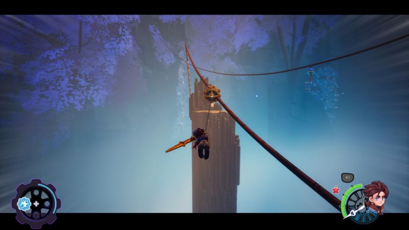 Zirian deslizándose a alta velocidad por un cable con su espada enganchada sobre un abismo cubierto de niebla y árboles morados.