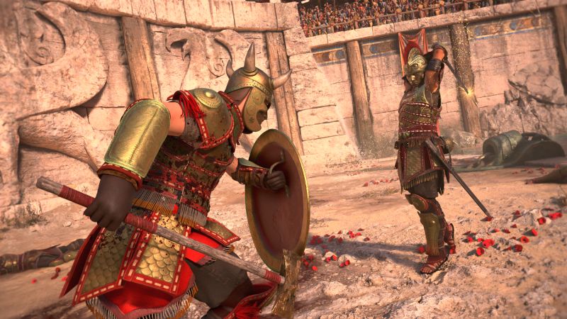 Combate contra guerreros en coliseo minoico Encuentro cuerpo a cuerpo dentro de una coliseo de piedra entre guerreros equipados con armaduras doradas y cascos con cuernos.
