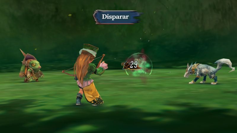 Sistema de combate por turnos en Romancing SaGa Captura de pantalla de un combate por turnos donde una arquera dispara un flechazo provocando 29 puntos de daño a un enemigo.
