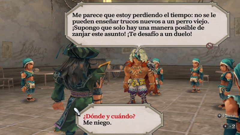 Diálogos en español en Romancing SaGa Remastered International Escena en una taberna mostrando un diálogo localizado en español con opciones de respuesta interactiva para un duelo.