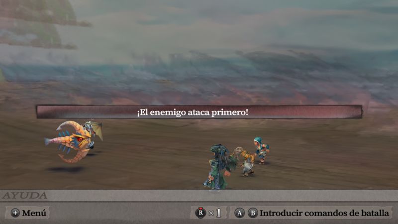 Emboscada enemiga en combate de Romancing SaGa Pantalla de inicio de batalla mostrando el mensaje ¡El enemigo ataca primero! frente a criaturas voladoras y acuáticas.