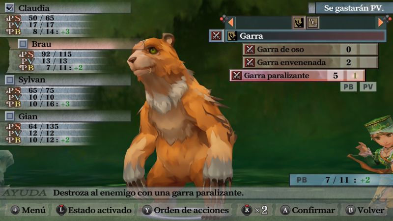 Menú de comandos y habilidades en Romancing SaGa Interfaz de usuario en combate mostrando la selección de la habilidad Garra paralizante en un aliado de tipo oso.