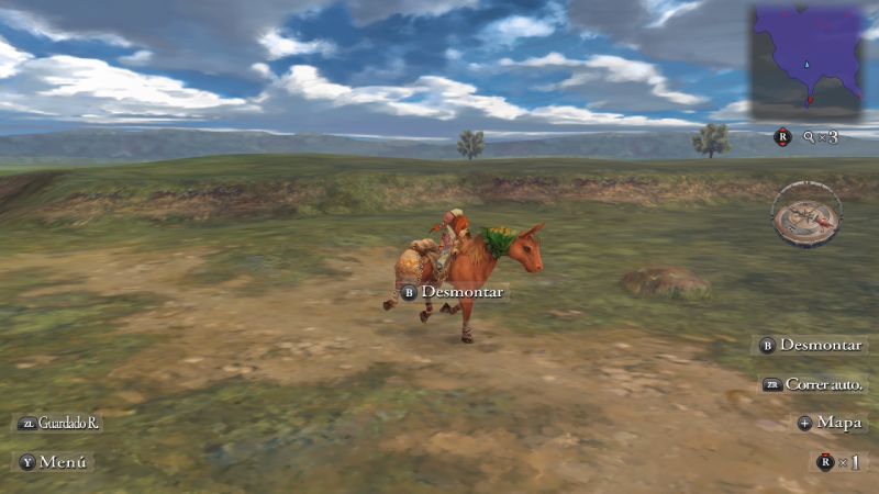 Navegación sobre montura en praderas de Romancing SaGa Personaje montando a caballo a través de una pradera abierta bajo un cielo parcialmente nublado.