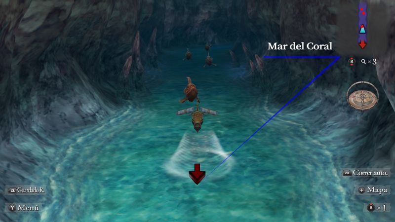 Navegación marítima en Mar del Coral Vista superior de una pequeña embarcación navegando por un estrecho de agua en la ubicación Mar del Coral.