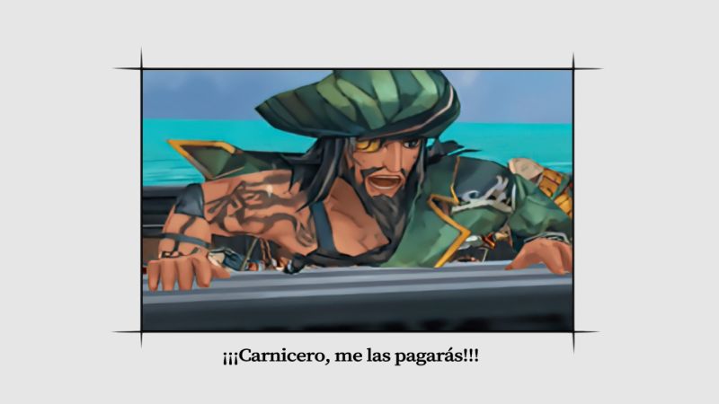 Secuencia narrativa cinemática en Romancing SaGa Escena cinemática de estilo viñeta que muestra a un pirata gritando la frase ¡¡¡Carnicero, me las pagarás!!!.