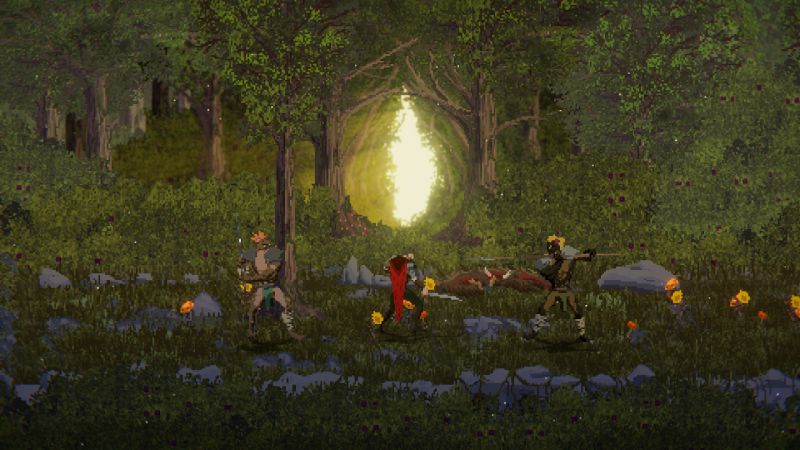 Tres personajes armados en un bosque iluminado por un portal brillante.