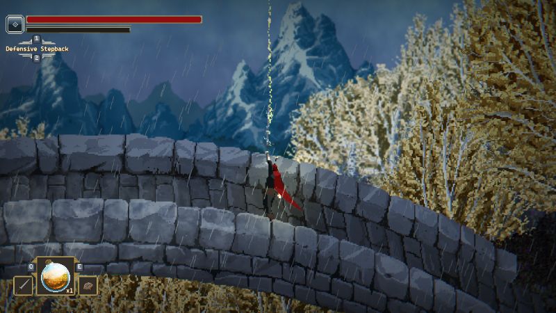Personaje con capa roja ejecutando una habilidad en un puente bajo la lluvia.