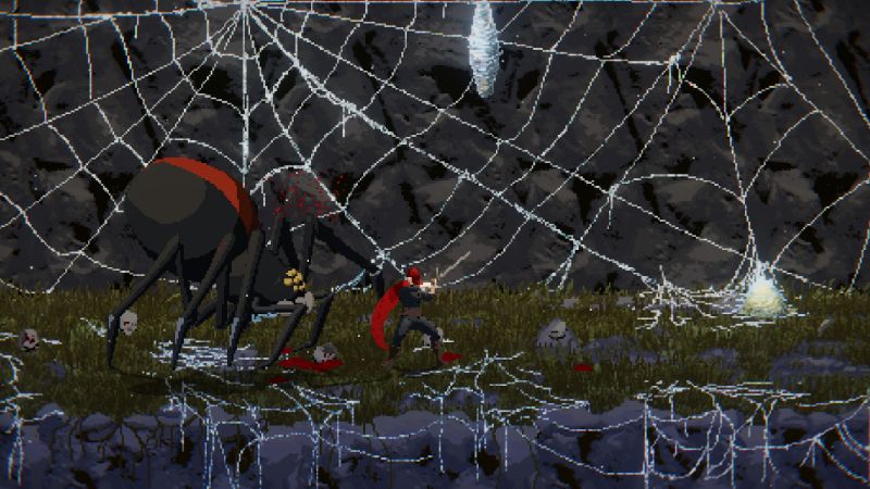 Guerrero enfrentando a una araña gigante en una cueva llena de telarañas.