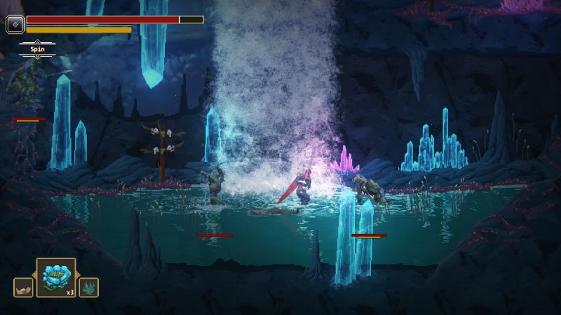 Combate en una caverna iluminada por cristales azules y un géiser de energía.