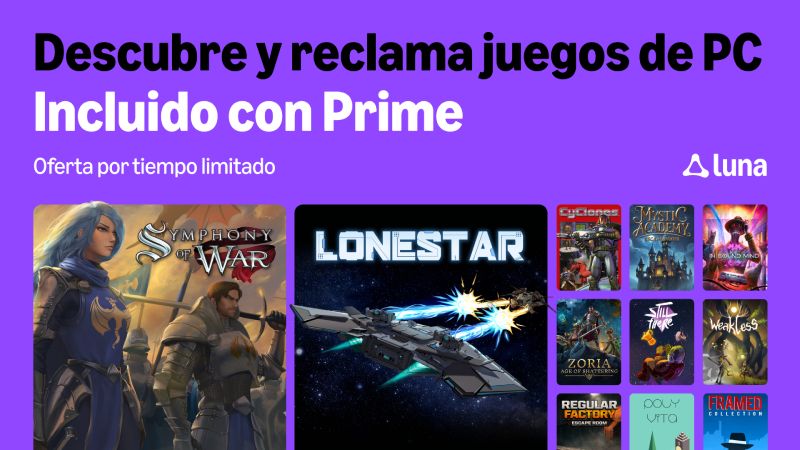 Banner promocional con fondo púrpura que muestra una selección de portadas de videojuegos incluidos con Prime a través de Luna.