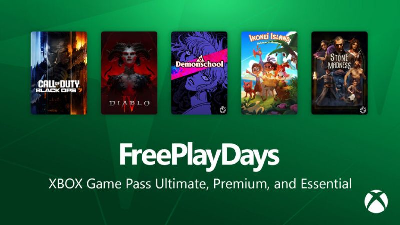 Banner promocional con cinco artes de videojuegos alineados sobre fondo verde, representando la selección de títulos disponibles en los Días de Juego Gratis de Xbox.