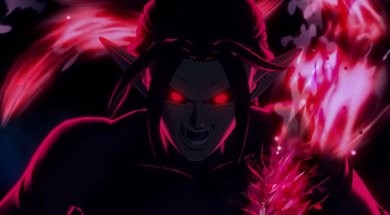 Ilustración de un personaje rodeado de energía roja intensa en un entorno oscuro.