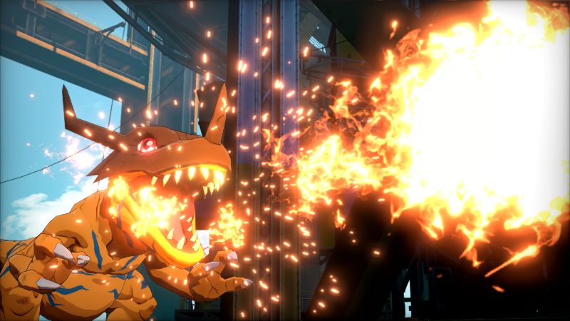 Arte promocional de “Digimon Story Time Stranger” Criatura digital de aspecto reptiliano lanzando fuego en un entorno industrial futurista.
