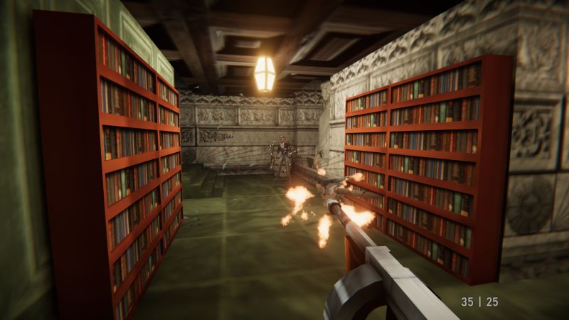 Escena promocional de “Agent 64: Spies Never Die” Escena de videojuego en una biblioteca donde el jugador dispara hacia un enemigo en un entorno de acción retro.