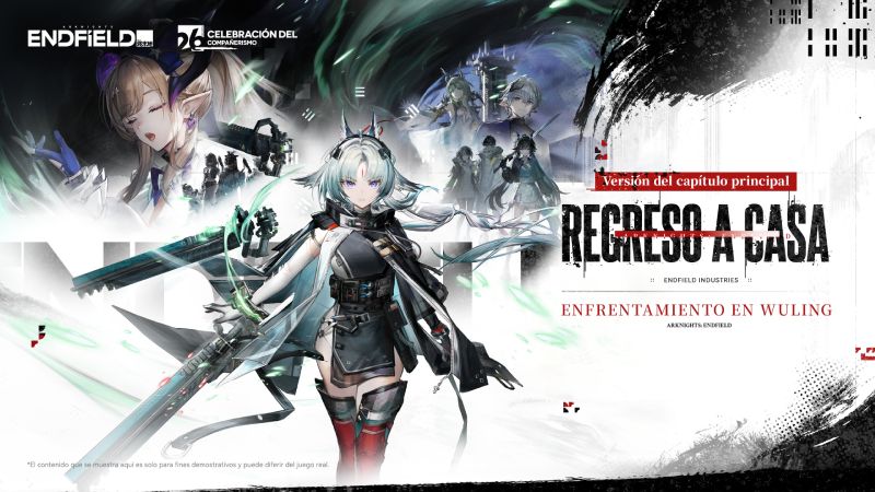 Promoción oficial de “Arknights: Endfield – Regreso a Casa” Arte promocional con personajes de Arknights: Endfield en un entorno futurista de combate y energía.