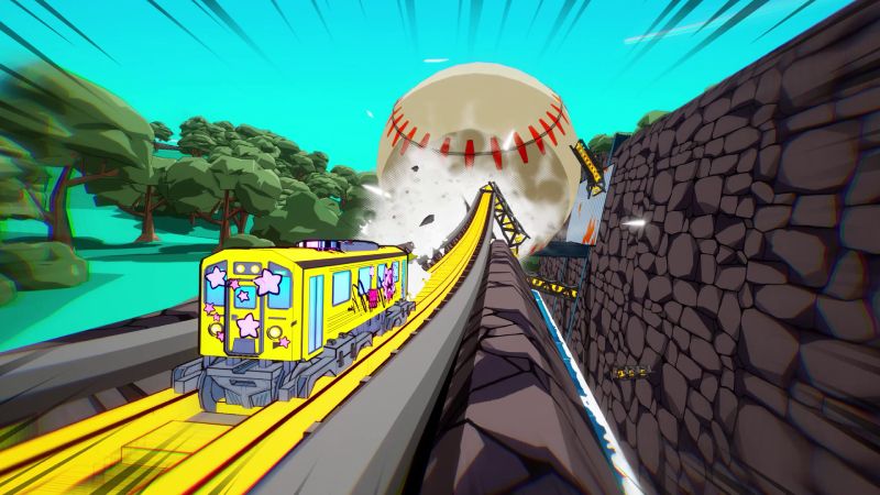 Escena de impacto en un nivel de Denshattack! Captura de pantalla de un videojuego en primera persona o vista isométrica que muestra a un tren amarillo de estilo metropolitano, decorado con estrellas rosas y grafitis, avanzando por una vía férrea elevada. El tren está chocando contra una pelota de béisbol gigante que bloquea el camino, generando una explosión de humo blanco y escombros. A la izquierda se observa un paisaje verde con árboles de estilo poligonal, mientras que a la derecha hay un muro alto de piedra oscura texturizada. Líneas de velocidad enmarcan el cielo cian en la parte superior.