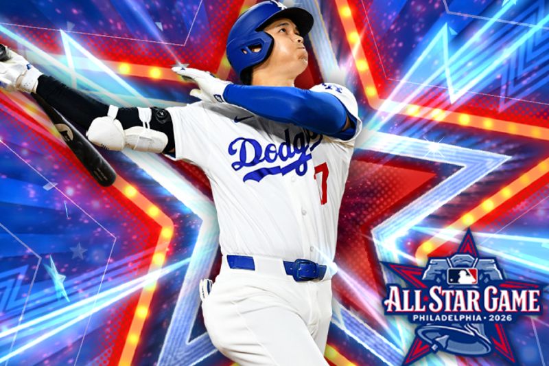Shohei Ohtani protagoniza el evento All-Star de eBaseball Ilustración digital y promocional del videojuego eBaseball: MLB PRO SPIRIT que presenta al beisbolista Shohei Ohtani de los Dodgers de Los Ángeles con su uniforme blanco y azul, sosteniendo un bate de béisbol con ambas manos en plena pose de bateo tras realizar un swing. Su rostro muestra concentración mirando hacia el cielo. El fondo de la imagen es vibrante y estilizado con luces de neón en tonos azul y rojo que forman estrellas brillantes. En la esquina inferior derecha se aprecia el logotipo oficial del All-Star Game Philadelphia 2026 sobre una campana de la libertad azul.
